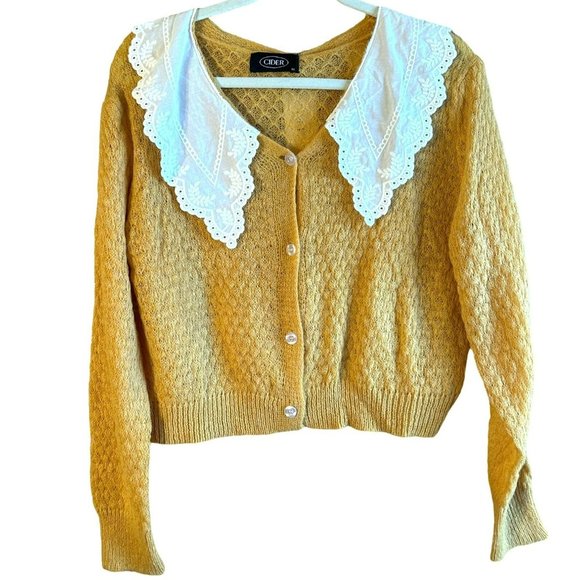 Cider Women's Yellow Wool Blend Eyelet Lapel Cardigan Size Medium Puff Shoulder - Picture 1 of 6